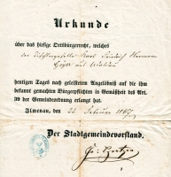 1867 / Urkunde ueber das Ortsbuergerrecht von Hermann Geyer
